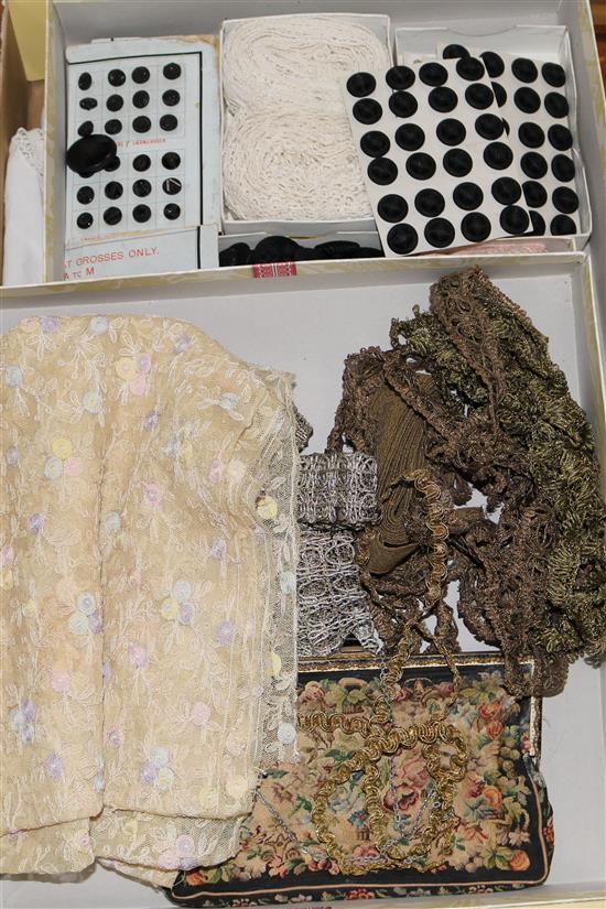 A collection of lace, buttons, trimmings bag and table cloths